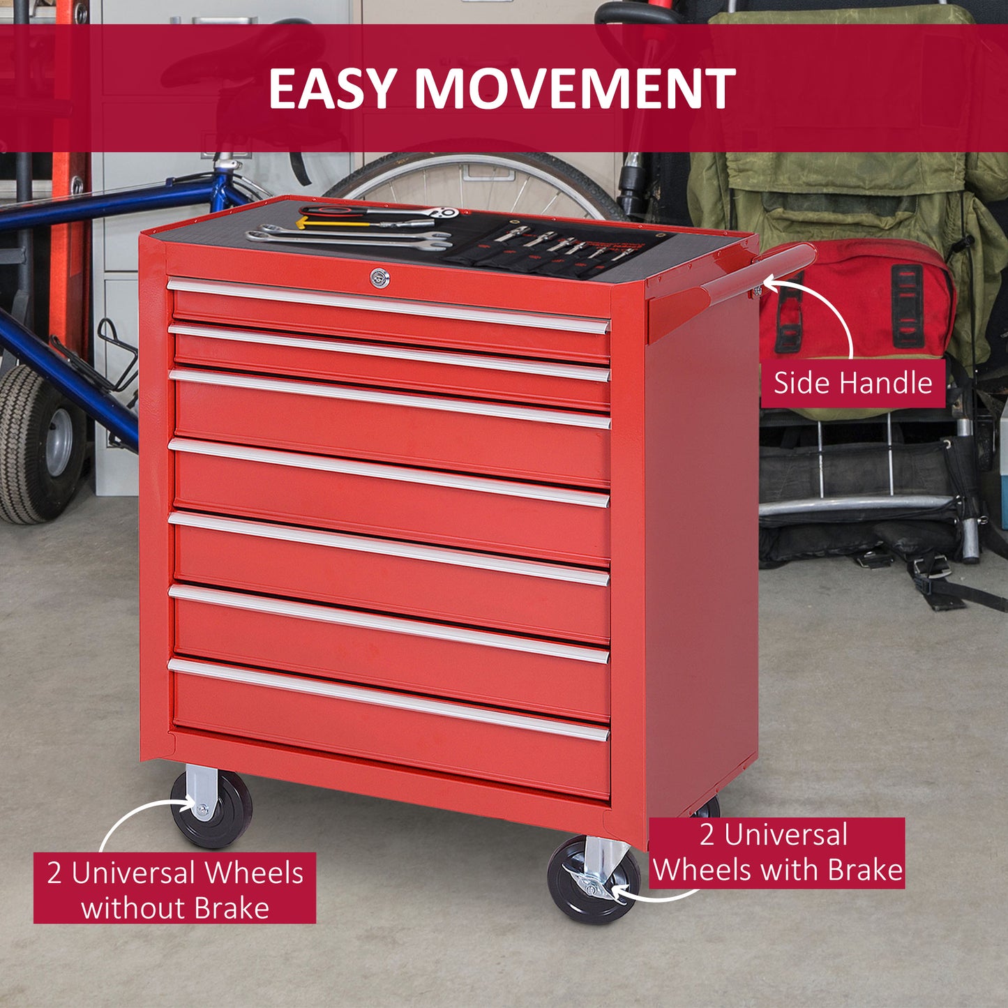7-Drawer Tool Box on Wheels Tool Cabinet 150 Load with Lockable Swivel Castors, Red