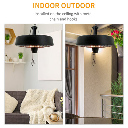 Adjustable Power 1000/2500W Infrared Halogen Electric Patio Light Heater, Ceiling Hanging Mount -Black