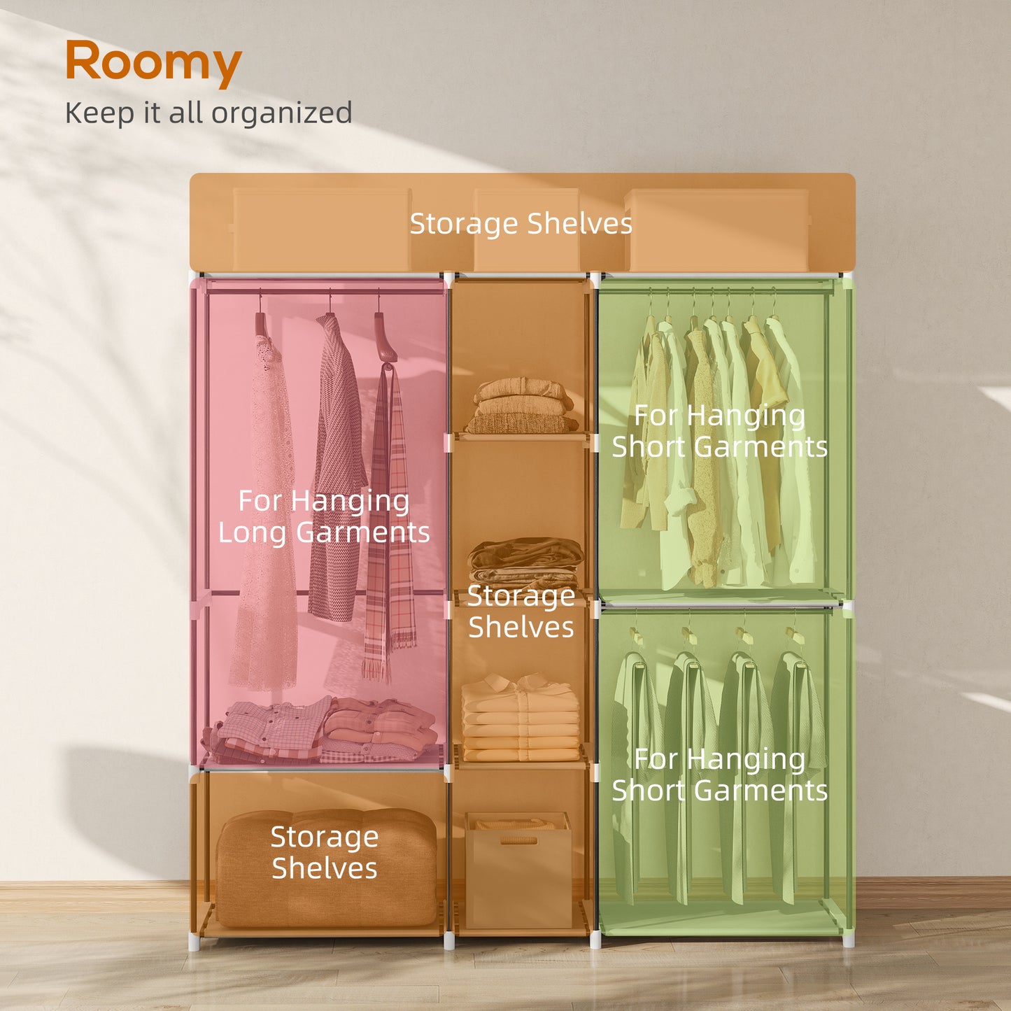 Portable Wardrobe, Open Clothes Wardrobe with 8 Shelves, 3 Hanging Rails, Light Grey