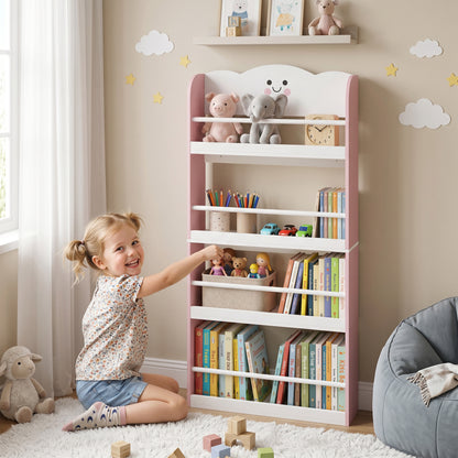 4 Tier Kids Bookshelf, Children Bookcase with Anti-Tip Kit, Toddler Space-Saving Bookcase for Kids Room, Playroom, Pink