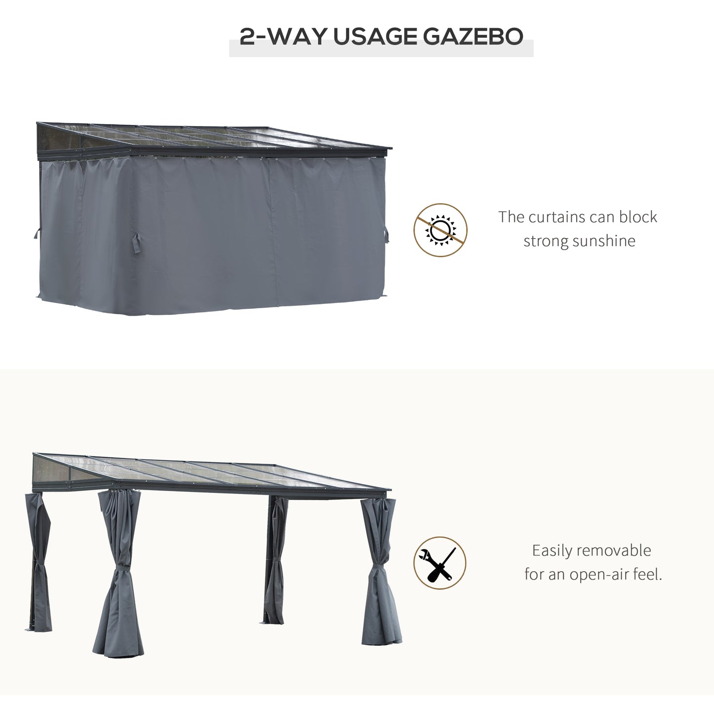 4 x 3(m) Outdoor Hardtop Gazebo with Curtains, Lean to Aluminium Pergola with Polycarbonate Roof