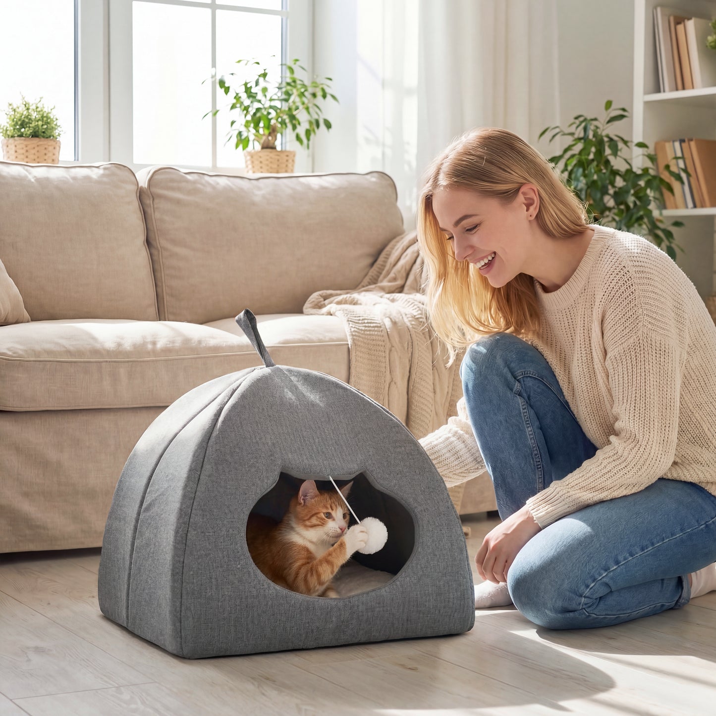 Cat Cave Bed for Indoor Kittens, Cat House with Removable Cushion and Teaser Ball, Kitty Igloo with Anti-Slip Base