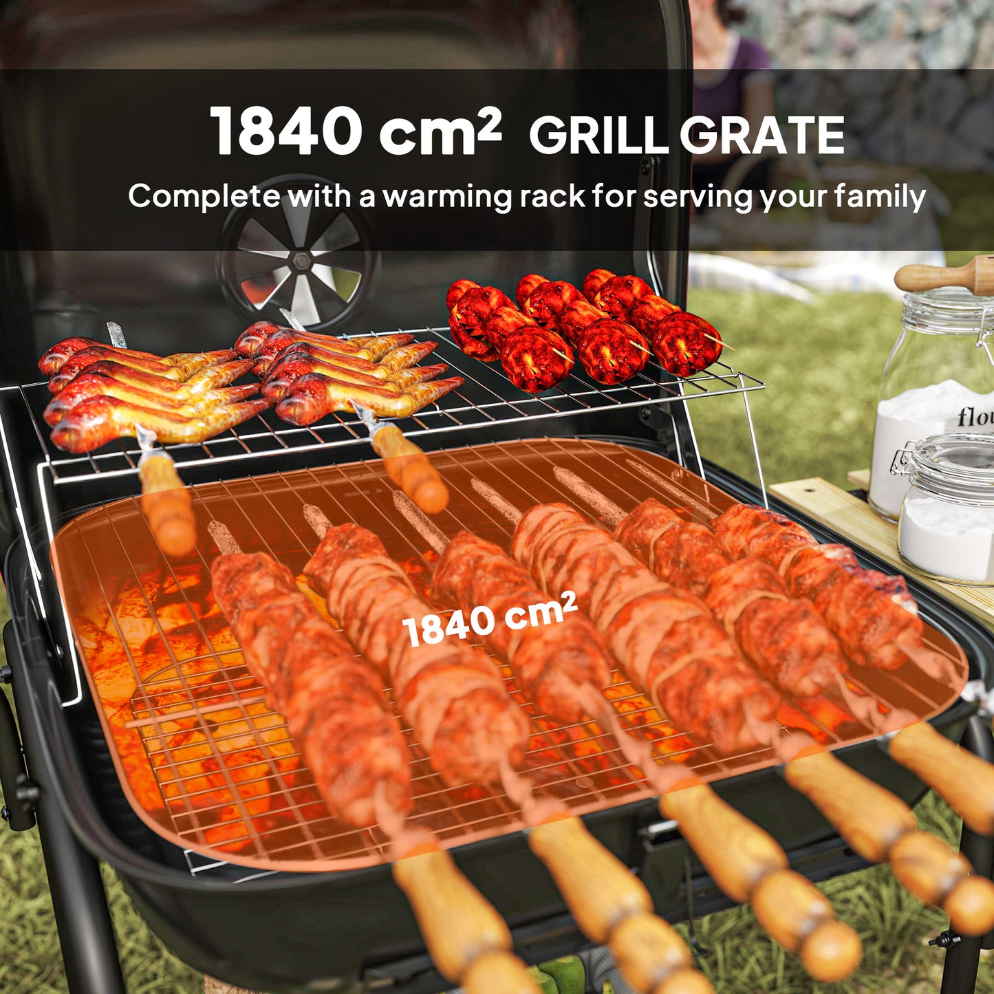 Charcoal Barbecue Grill Portable BBQ Grill with 1840 cm² Cooking Area, 3 Shelves, Adjustable Vent, Lockable Lid