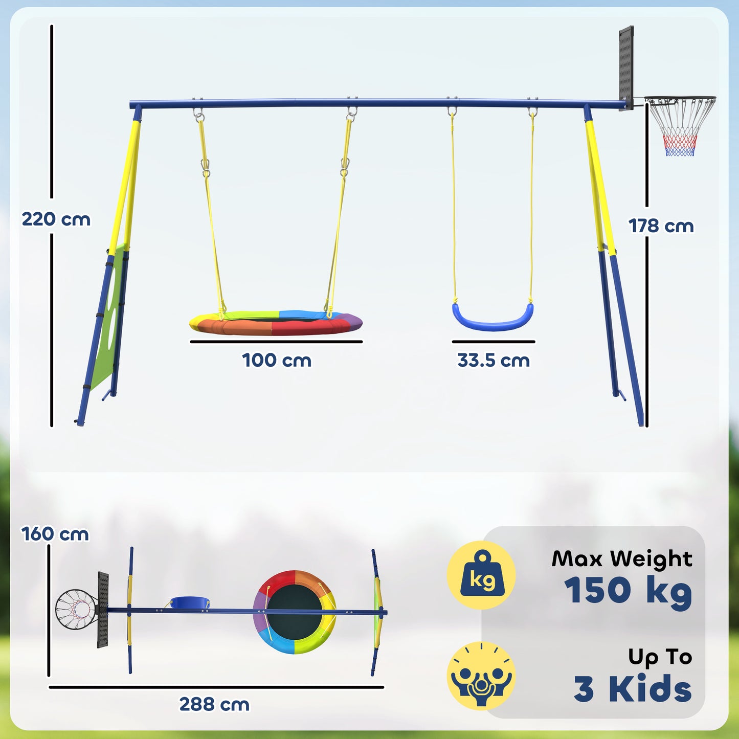 4-in-1 Kids Swing Set with Saucer Swing, Basketball Hoop and Football Goal, Outdoor Playground Playset for Garden