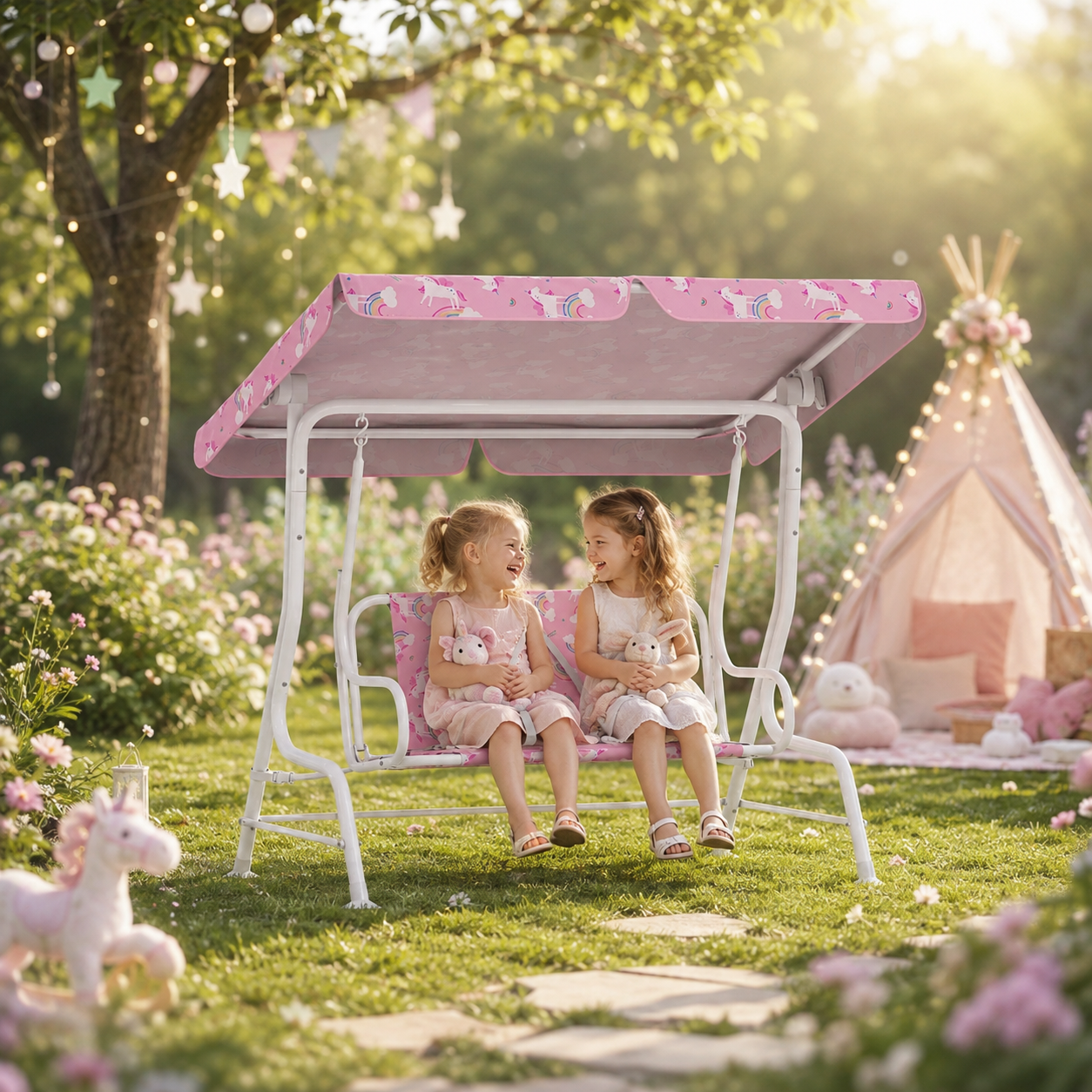 Kids Porch Swing, 2-Seater Patio Swing Bench Hammock with Seat Belts, Adjustable Canopy for Garden, Pink