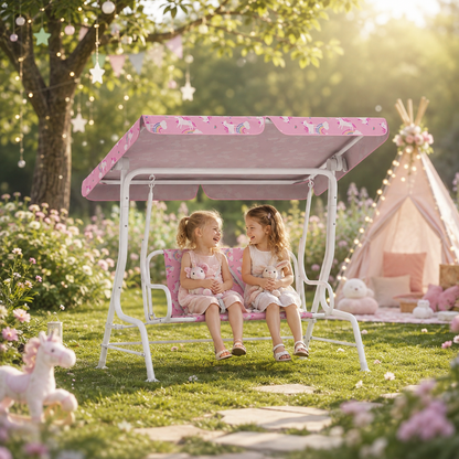 Kids Porch Swing, 2-Seater Patio Swing Bench Hammock with Seat Belts, Adjustable Canopy for Garden, Pink