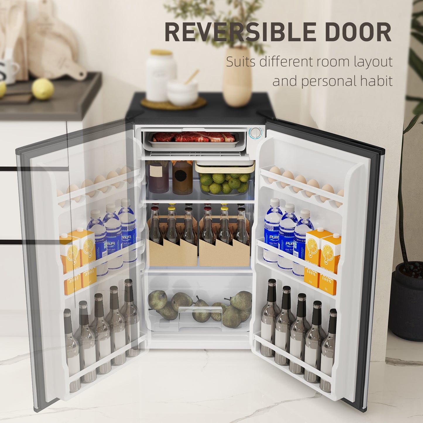 Under Counter Fridge, 91L Small Fridge with Chiller Box, Removable Shelf, Reversible Door, Adjustable Legs