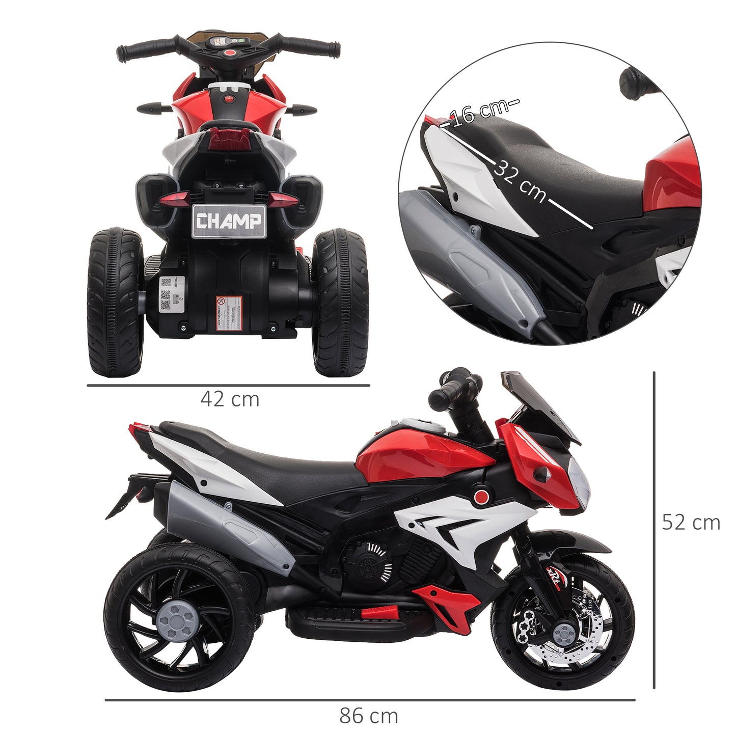 Kids Electric Motorcycle, 6V Ride on Motorcycle with 3 Wheels, LED Headlight, Music, Horn for Boys Girls 3-5 Y, Red