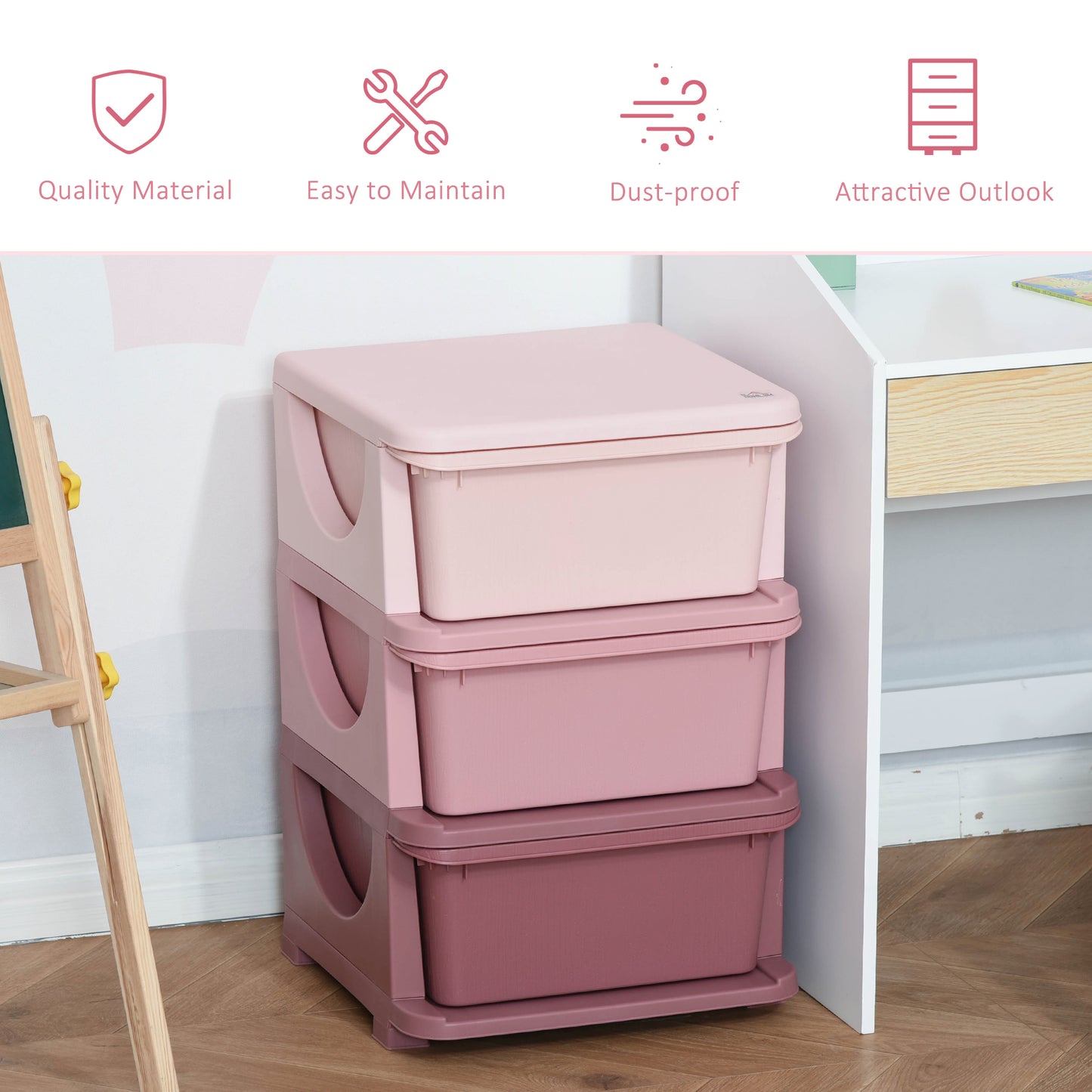 3 Drawers Plastic Kids Storage Units, 3 Tier Children Toy Chest for Nursery, Playroom, Bedroom, Pink