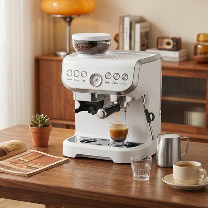 15 Bar Coffee Machine, with Adjustable Grind, Steamer and Accessories - White