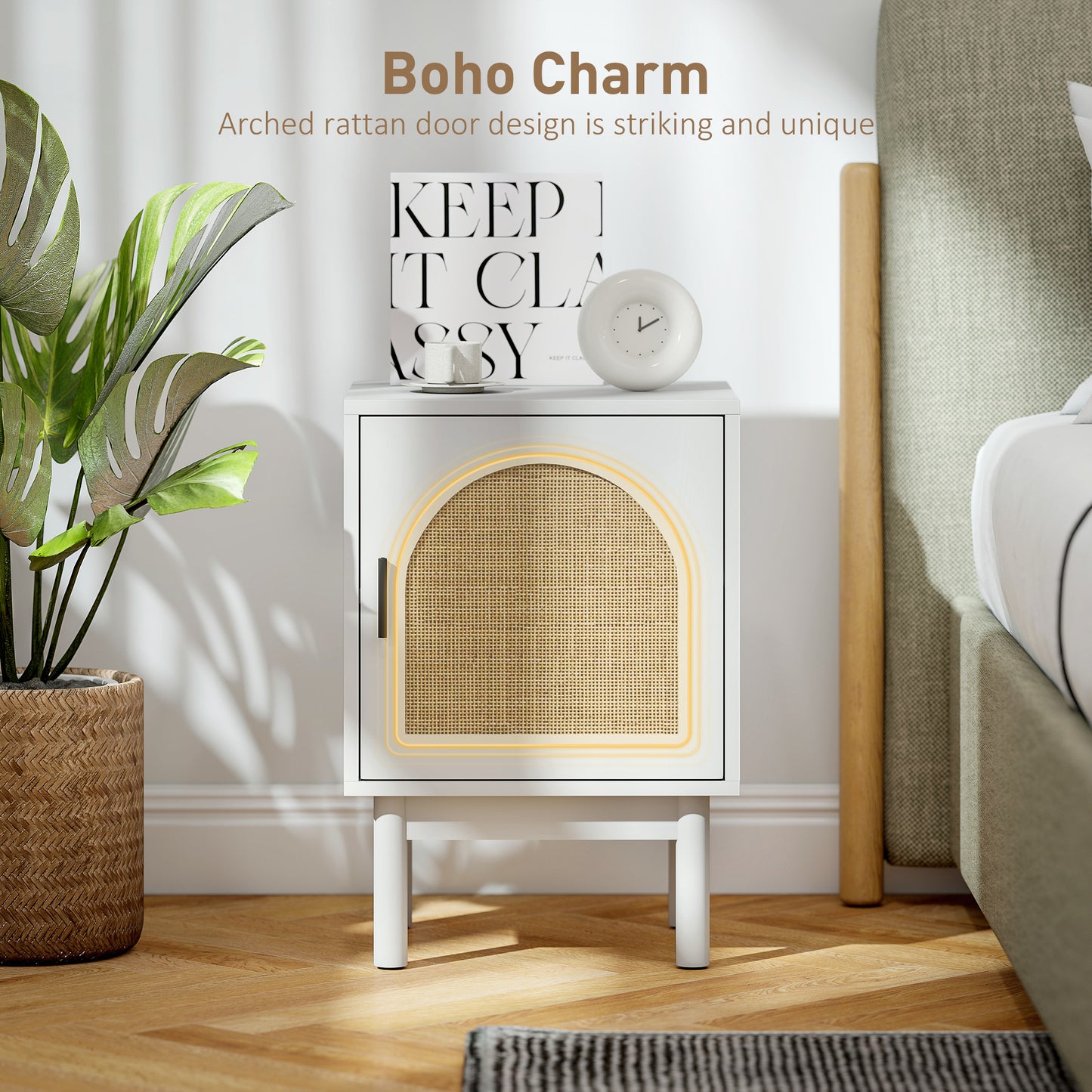 Rattan Bedside Table for Bedroom - White
