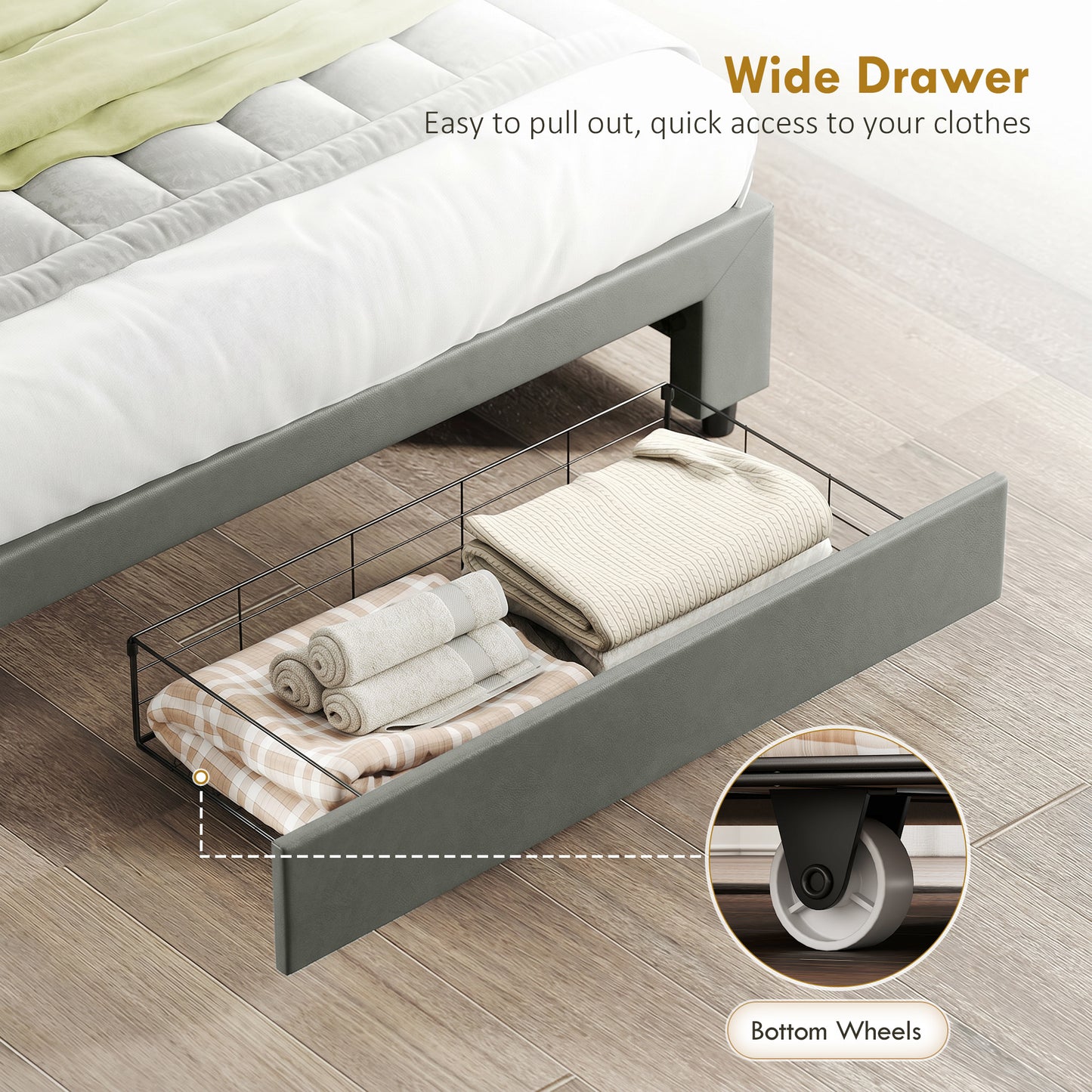 PU Leather King Size Ottoman Bed Frame, with Front Drawer - Grey