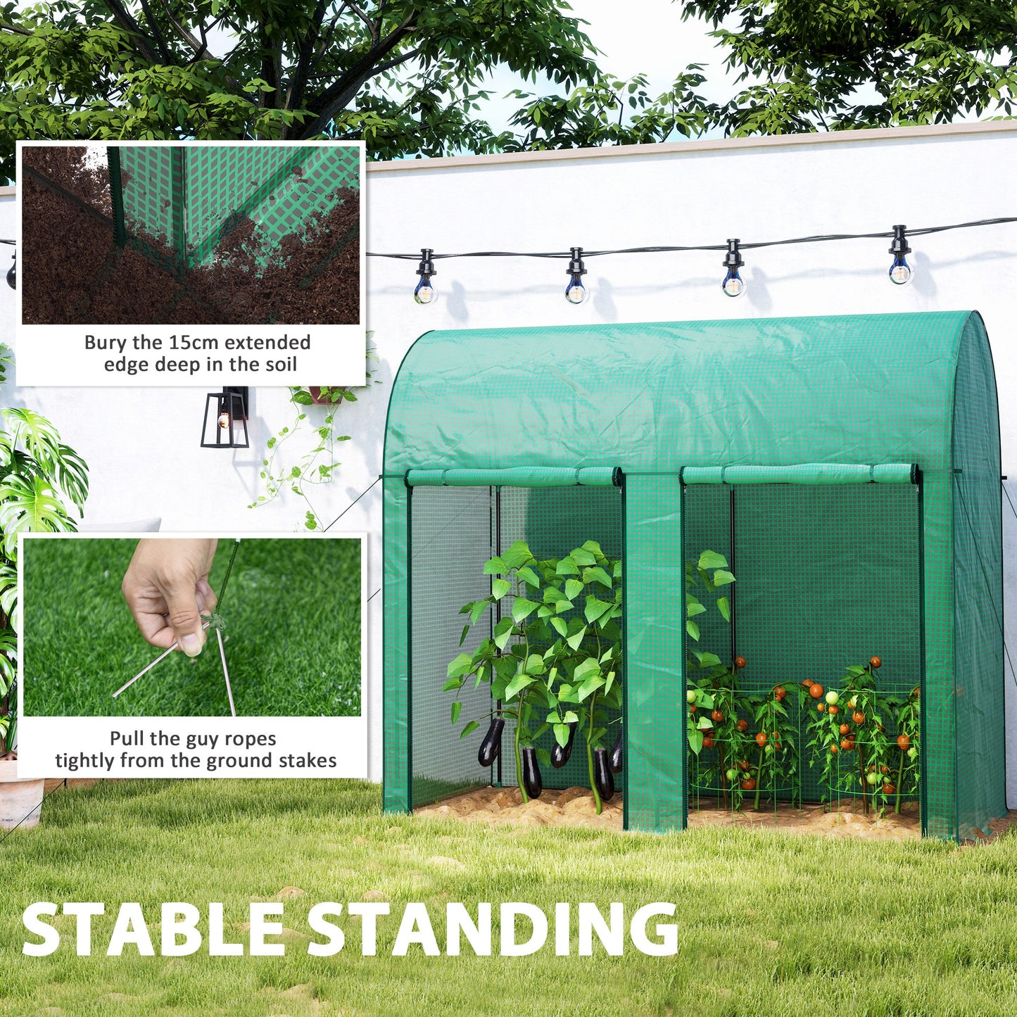 200 x 100cm Walk-In Greenhouse, with Zipped Doors - Green