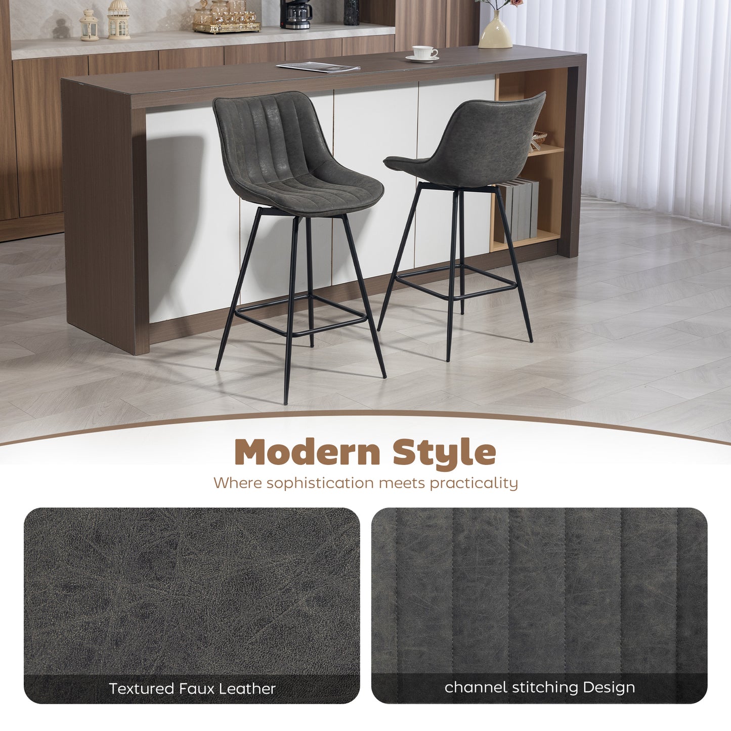Set of 2 PU Leather Swivel Bar Stools - Grey