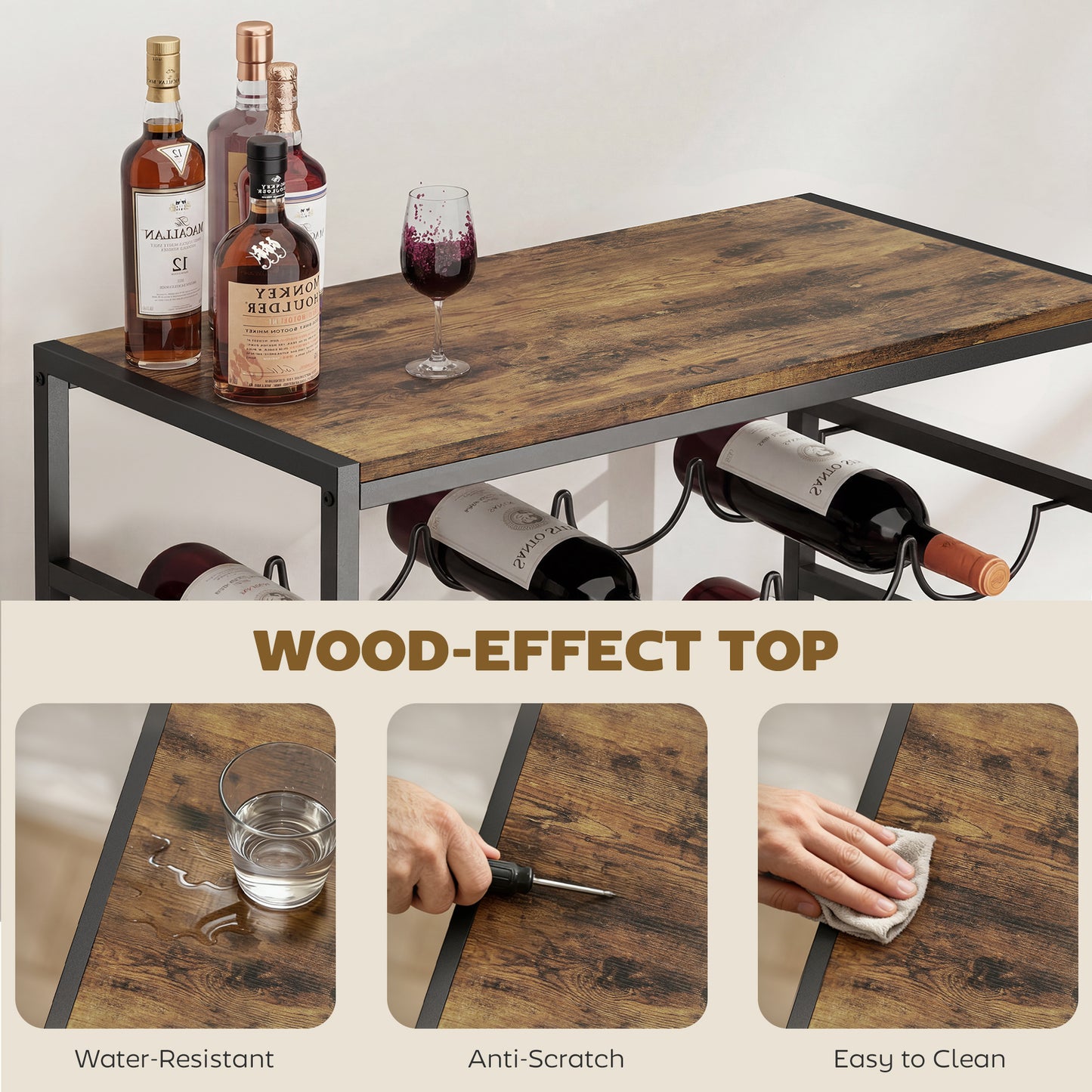 30 Bottles Wine Rack, 6 Tier Free Standing Wine Storage Holder with Wood Effect Tabletop, Rustic Brown