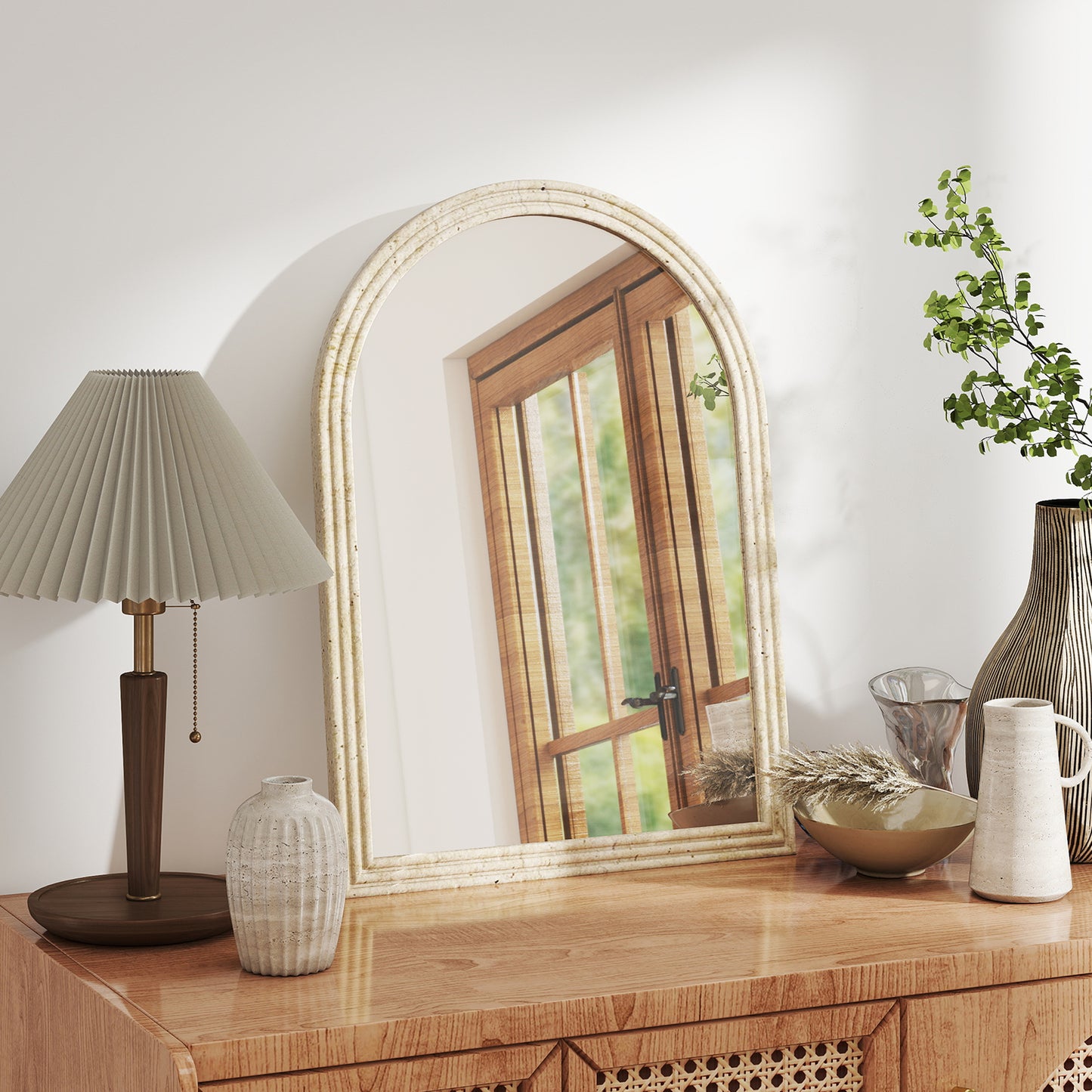 Arched Wall Mirror with Grooved Edge & Hooks, Wall-Mounted Mirror, Modern Tempered Glass & Polystyrene Beige