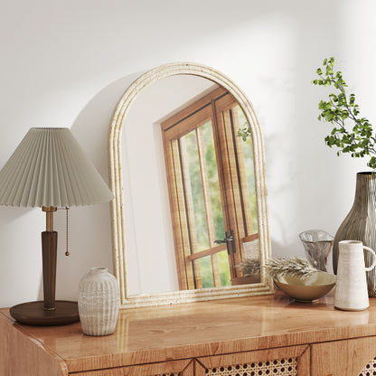 Arched Wall Mirror with Grooved Edge & Hooks, Wall-Mounted Mirror, Modern Tempered Glass & Polystyrene Beige