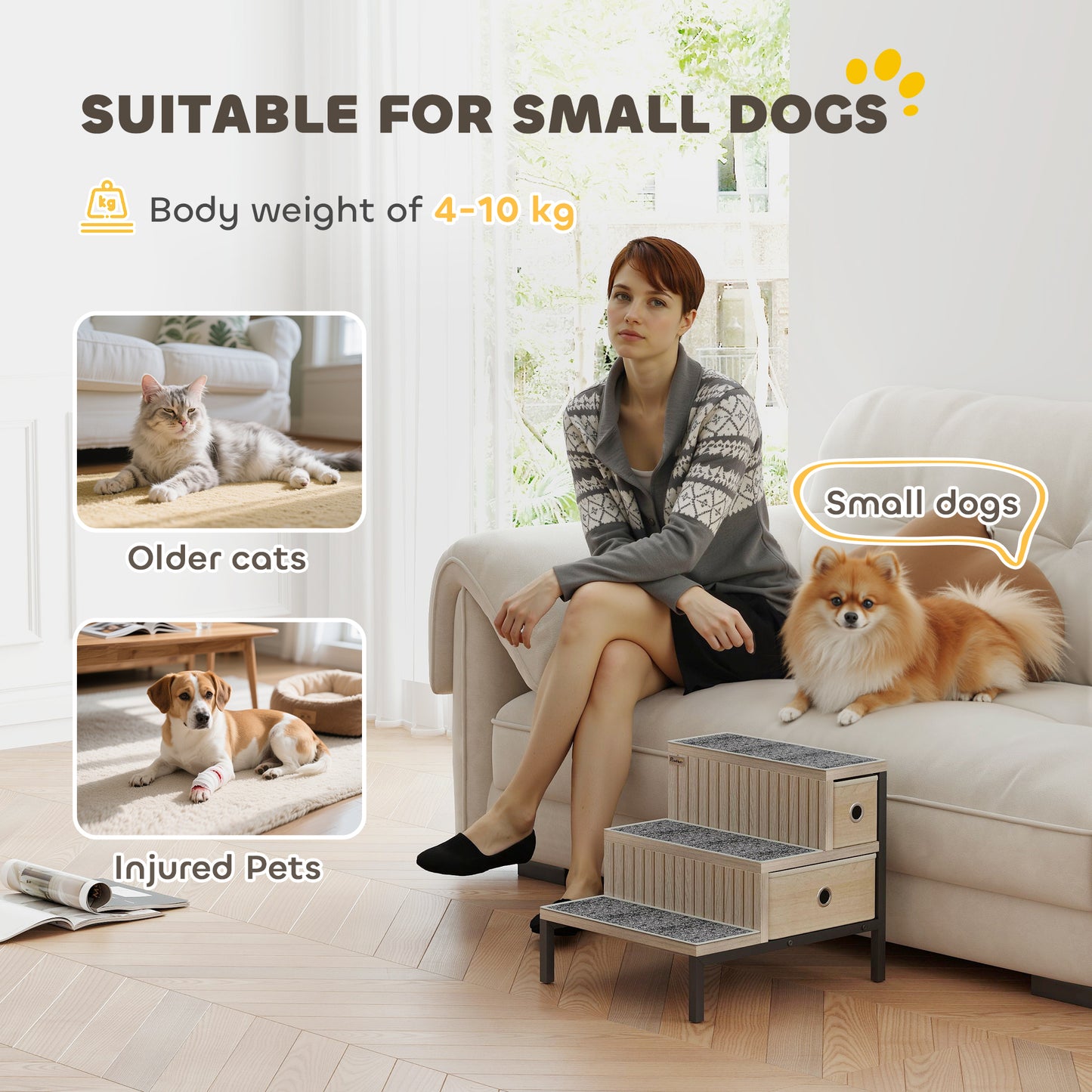 Dog Stairs with Storage, Non-Slip Cover, Pet Steps for Small Dogs & Older Cats, for Sofa, High Bed, Oak Tone