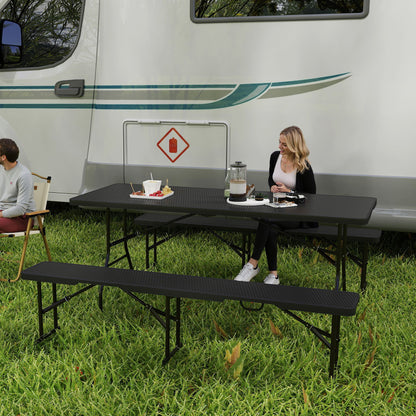 Folding Picnic Table and Bench Set, Rattan Effect Portable Camping Table and Chairs with Carrying Handles for Indoor Outdoor