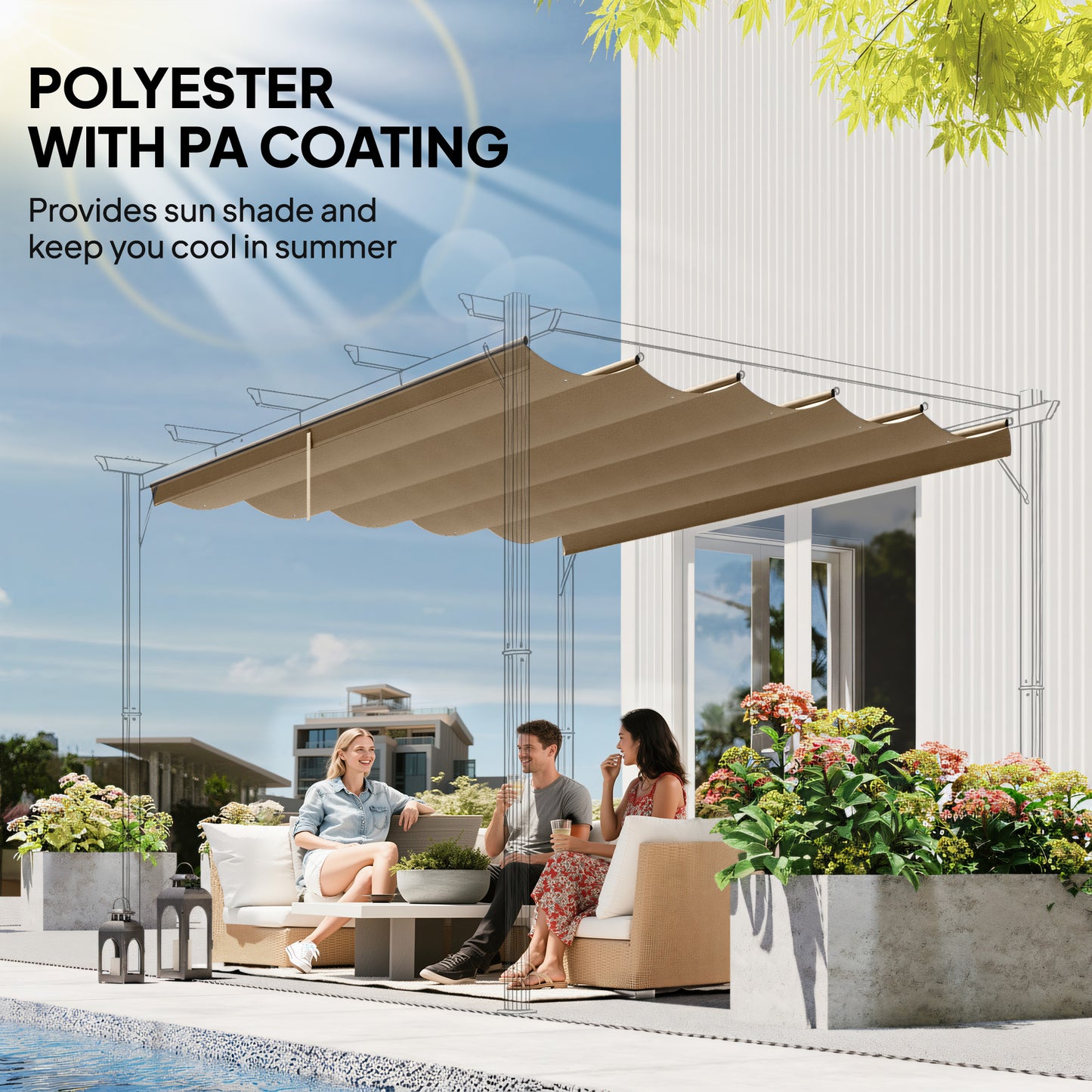 Retractable Pergola Cover, 3.5 x 2.6 m Replacement Canopy Fabric for 4 x 3 m Frame, Roof Top Only, Tan