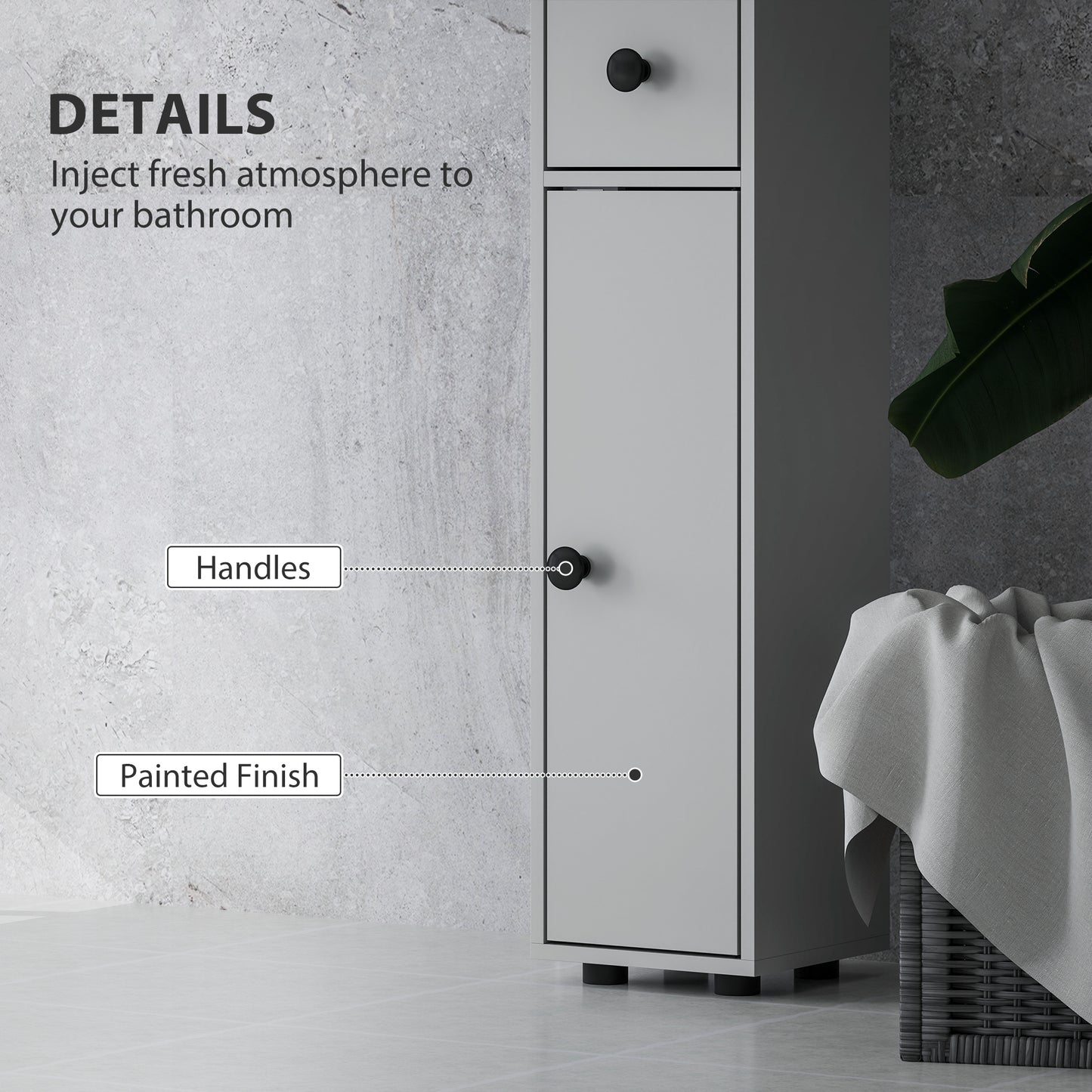180cm Slim Bathroom Cabinet, with Drawer, Shelves and Cupboards - Grey