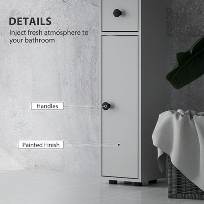 180cm Slim Bathroom Cabinet, with Drawer, Shelves and Cupboards - Grey