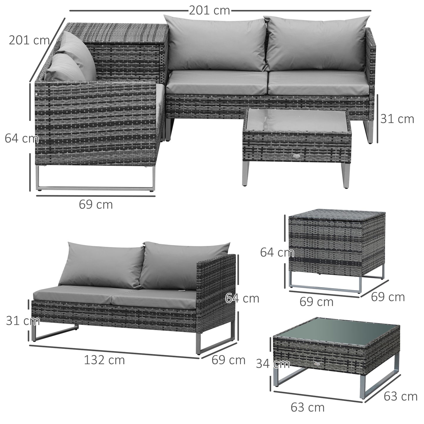 4pc Garden Rattan Wicker Outdoor Furniture Patio Corner Sofa Love Seat and Table Set with Cushions Side Desk Storage