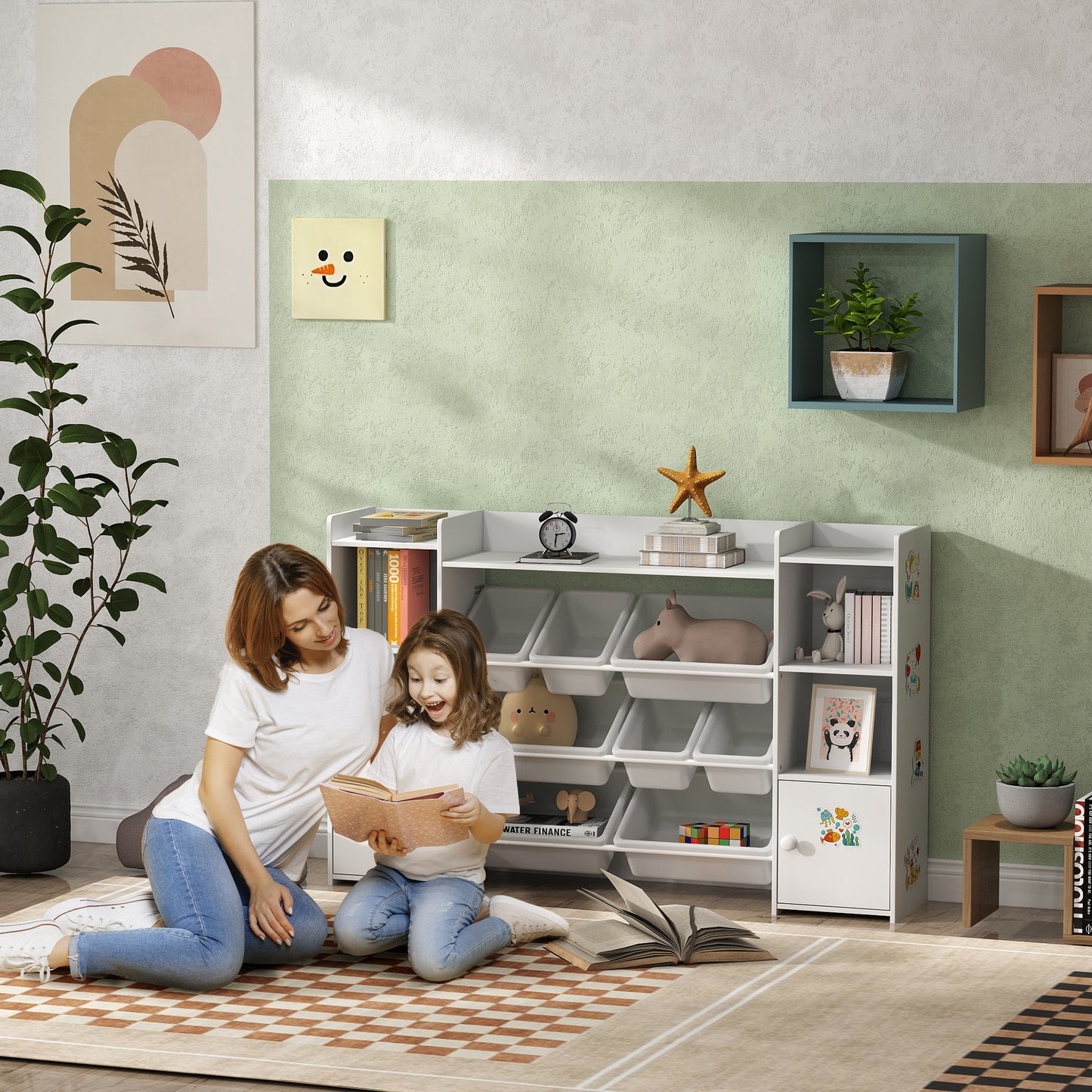 Kids Toy Organizers and Storage with 8 Removable Storage Bins and Bookshelf, White