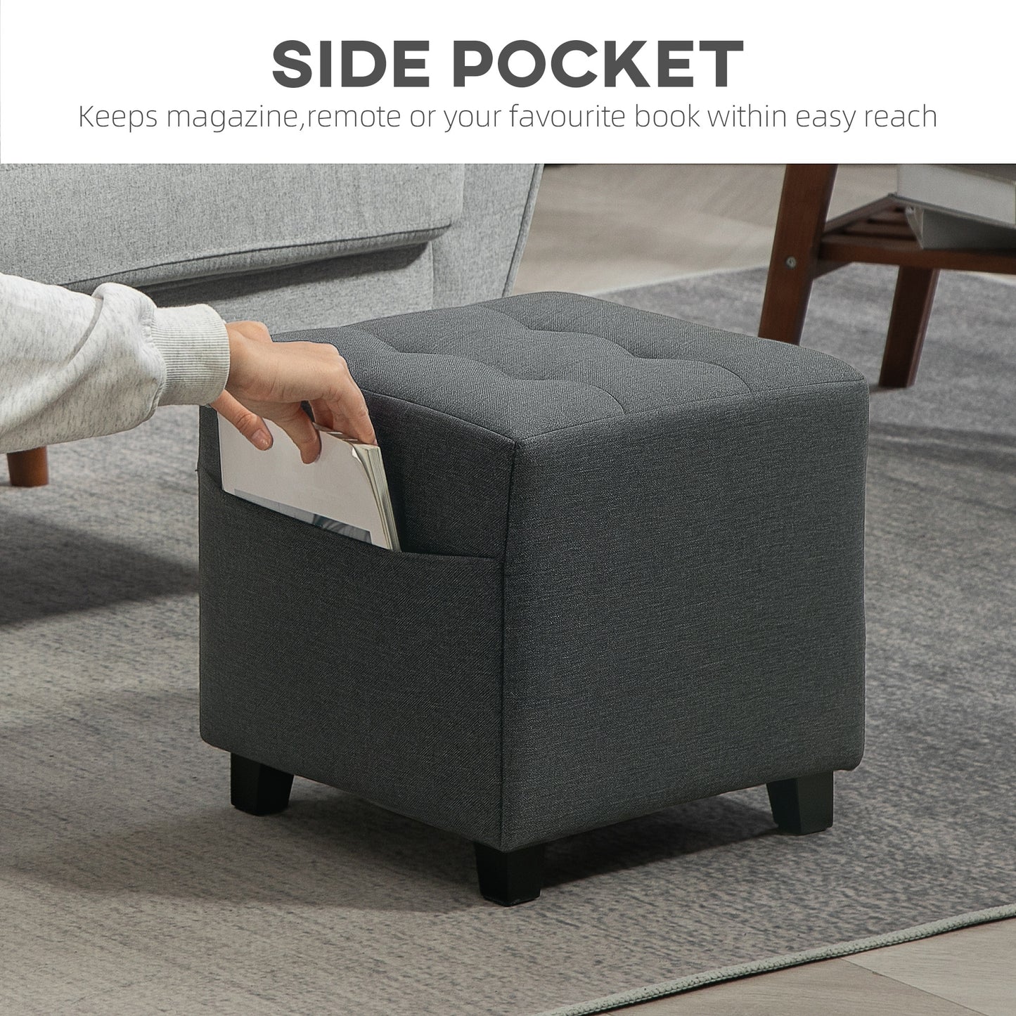 Square Footstool, Small Ottoman with Side Pocket, Linen Fabric Footrest Foot Stool with Rubber Wood Legs and Padded Seat for