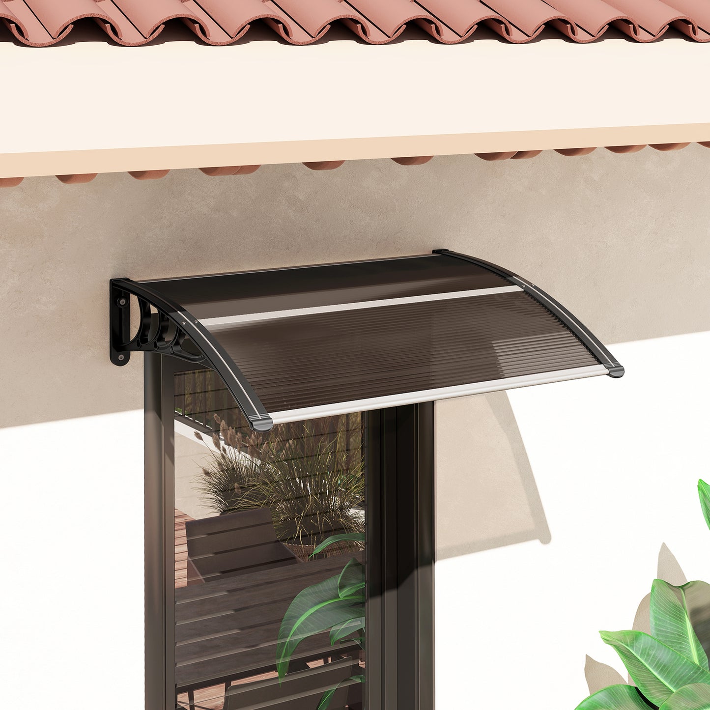 Front Door Canopy Outdoor Awning Aluminium Rigid Plastic Polycarbonate Rain Shelter UV Water Rain Resistant 120 x 75cm Brown