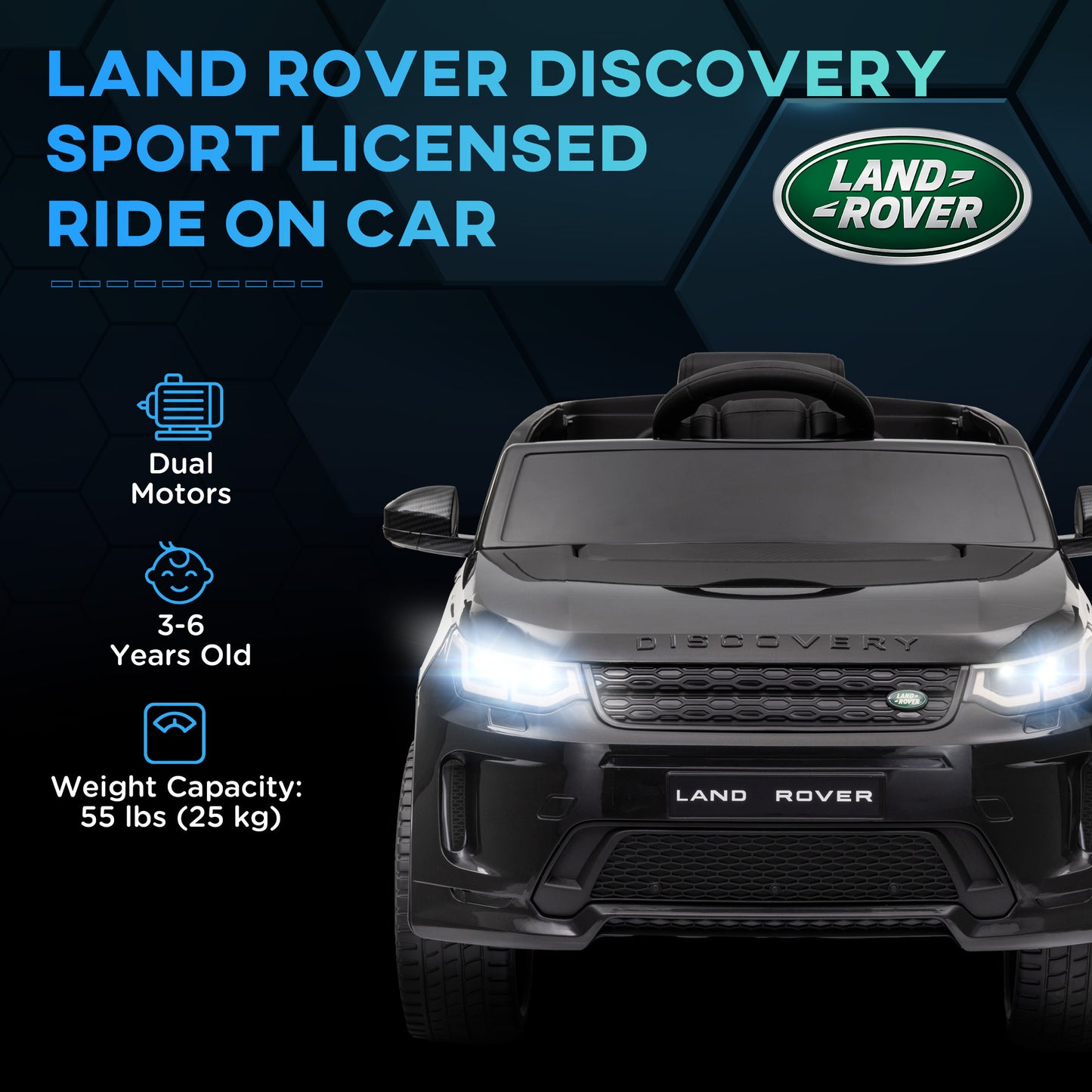 Licensed Land Rover Discovery Sport, 12V Kids Ride on Car w/ Remote Control, Lights, Music, Horn, for 3-6 Years, Black