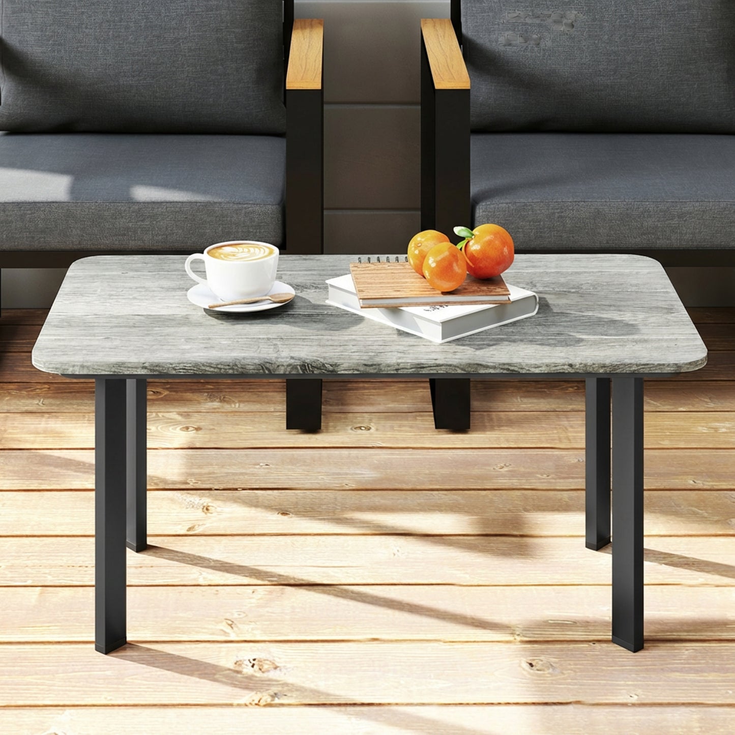 Outdoor Garden Coffee Table, Garden Table with Slatted Wood Plastic Composite Top and Metal Frame, Grey
