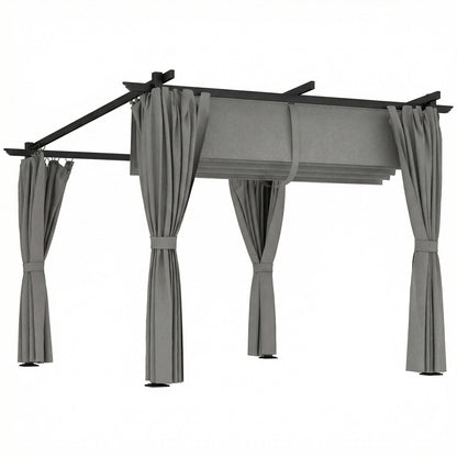 3 x 3 m Retractable Roof Pergola, with Curtains - Light Grey