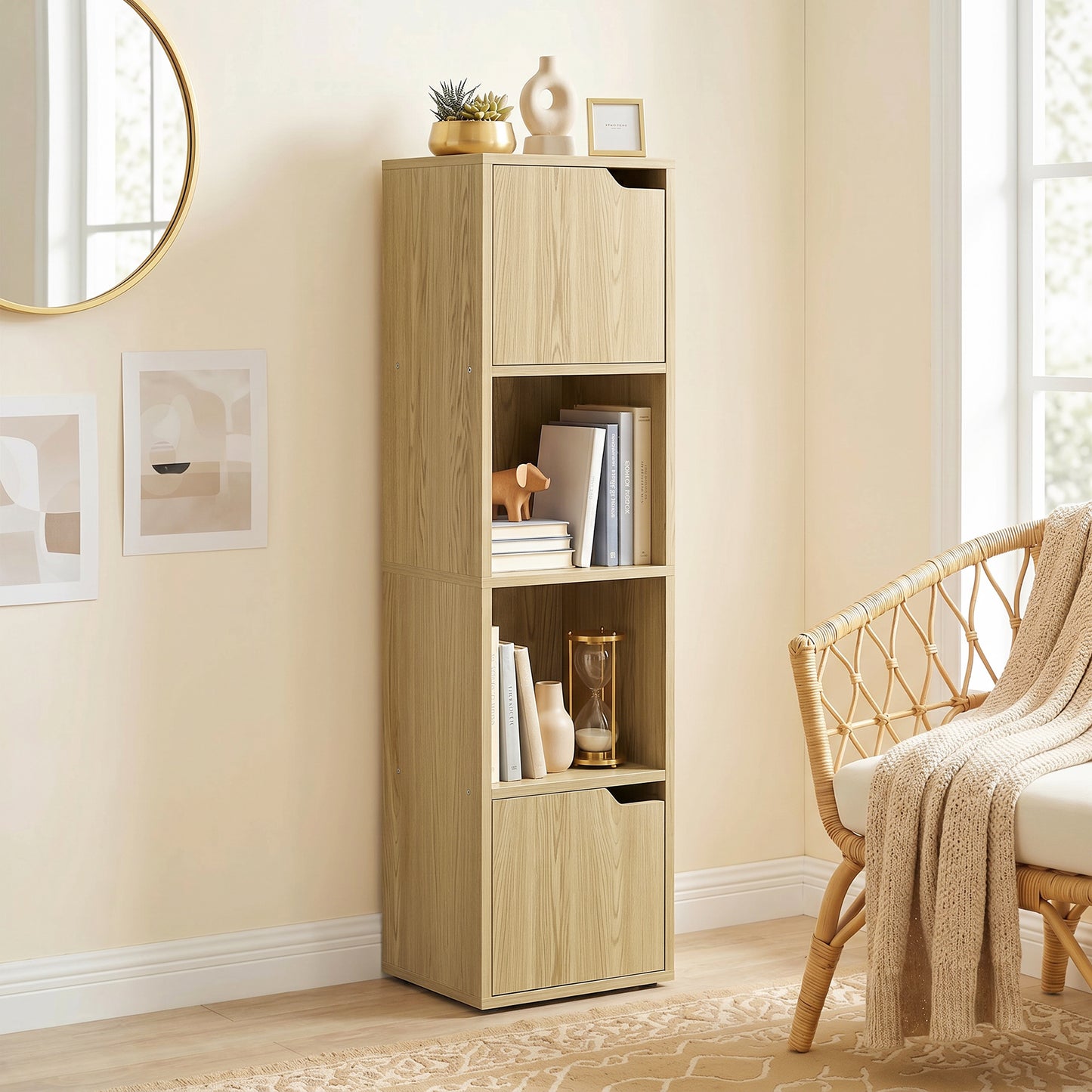 Narrow Bookcase, 4-Tier Bookshelf, Storage Cabinet with doors for Living Room, Bedroom, Oak
