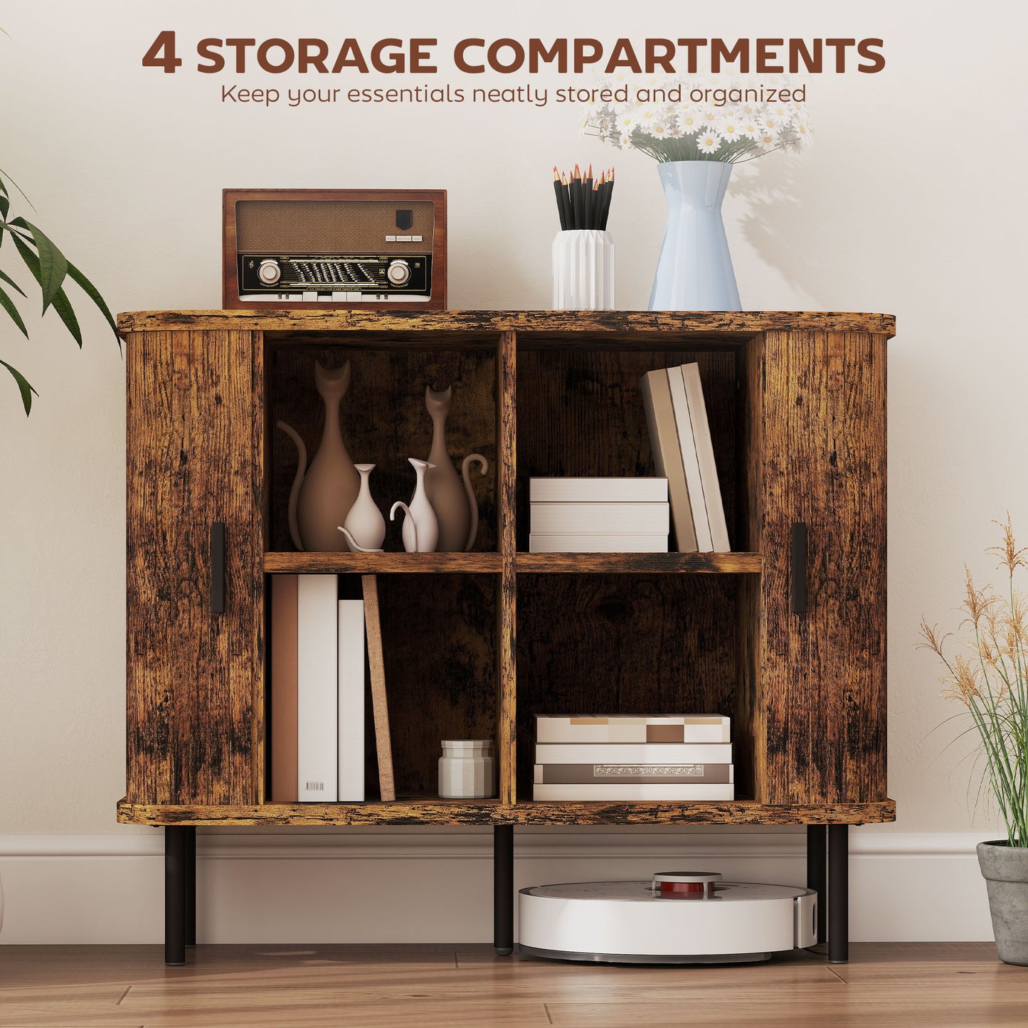 Mid-Century Modern Sideboard Storage Cabinet with Slatted Tambour Sliding Doors, Kitchen Cabinet with Steel Legs