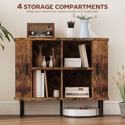 Mid-Century Modern Sideboard Storage Cabinet with Slatted Tambour Sliding Doors, Kitchen Cabinet with Steel Legs