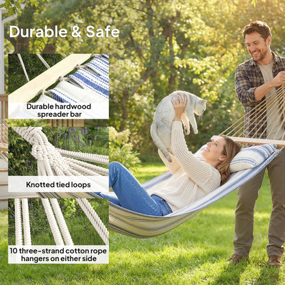Cotton Hammock, Soft Portable Swing Sleeping w/ Headrest & Side Pocket, Blue and White