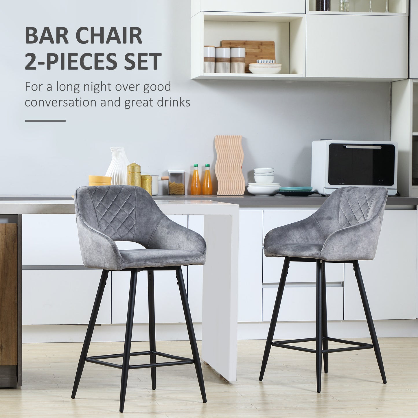 Bar Stools Set of 2, Velvet-Touch Fabric Counter Height Bar Chairs, Kitchen Stools with Steel Legs for Dining Area