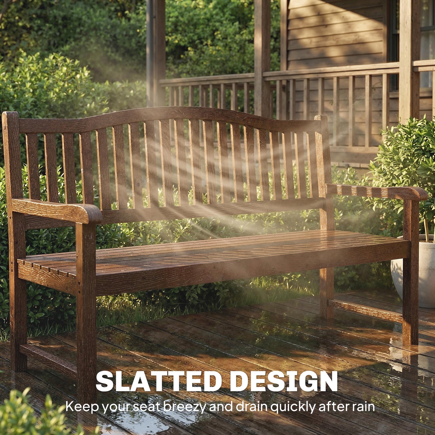 Garden Loveseat Bench, 2-3 Seater Outdoor Bench with Liftable Table and Waterproof Cover, Light Brown