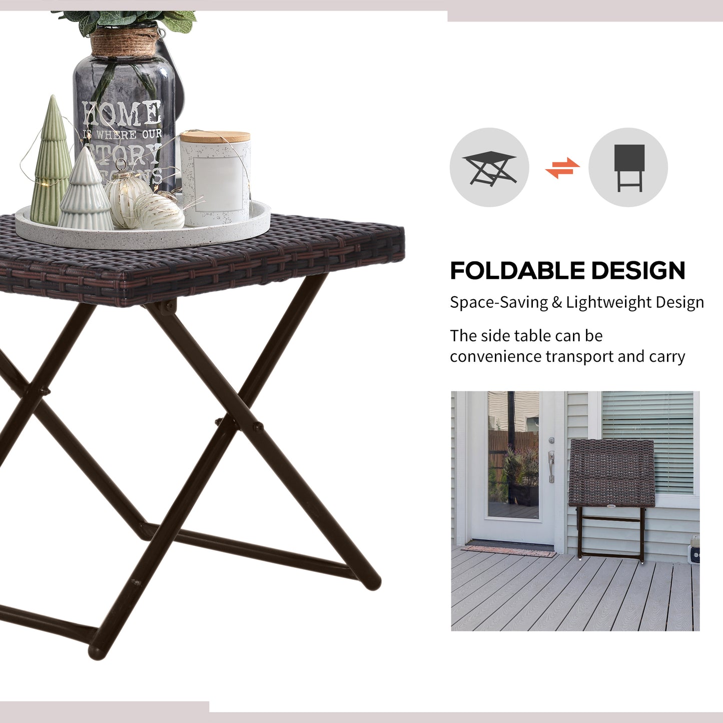 Folding Garden Coffee Table, Wicker Outdoor Bistro Side Table with PE Rattan Top for Patio, Balcony, Porch, 40 x 40 x 40 cm