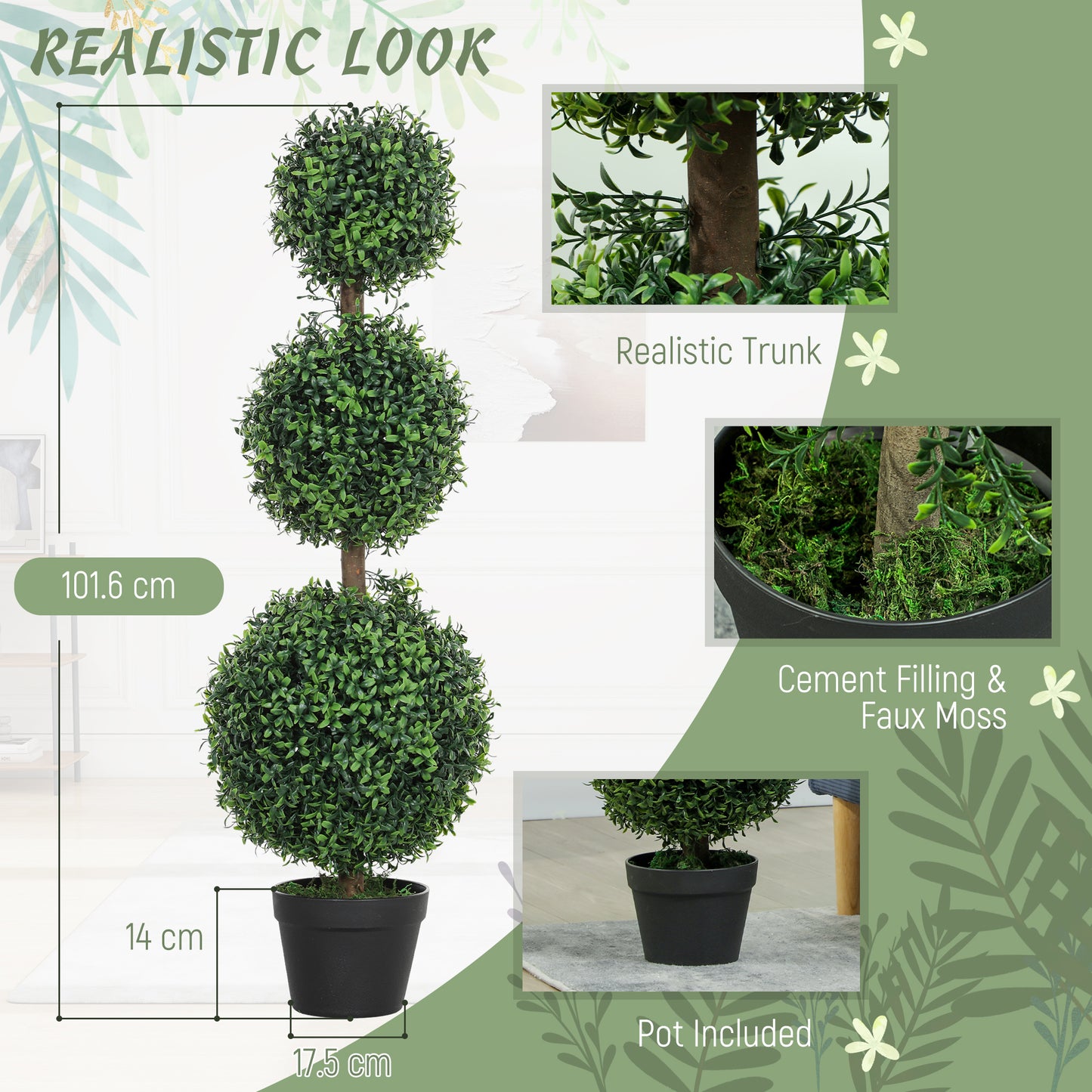 Set of 2 Decorative Artificial Trees, Topiary Ball-shaped Boxwood Trees in Pot, Fake Plants for Home Indoor outdoor Decor