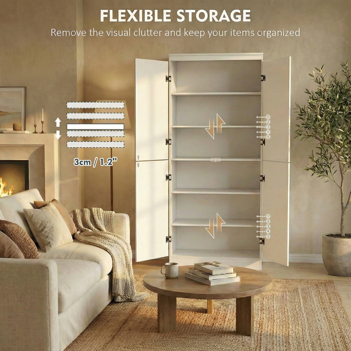 4-Door Tall Kitchen Cupboard, Freestanding 6-Tier Storage Cabinet with 2 Adjustable Shelves for Living Room, Dining Room