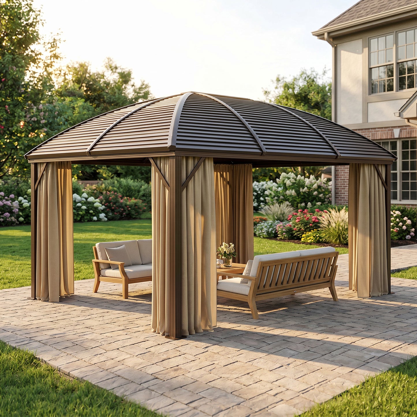 3 x 4m Hardtop Gazebo Canopy with Metal Roof, Aluminium Gazebo Permanent Pavilion with Netting and Curtains, Brown