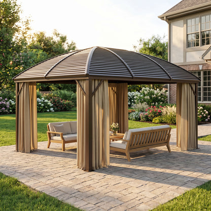 3 x 4m Hardtop Gazebo Canopy with Metal Roof, Aluminium Gazebo Permanent Pavilion with Netting and Curtains, Brown