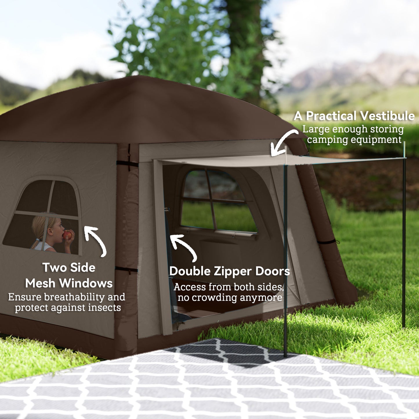 Blow Up Tent w/ Hand Pump, Inflatable Camping Tent, Easy Setup 1/2 Person Waterproof Khaki