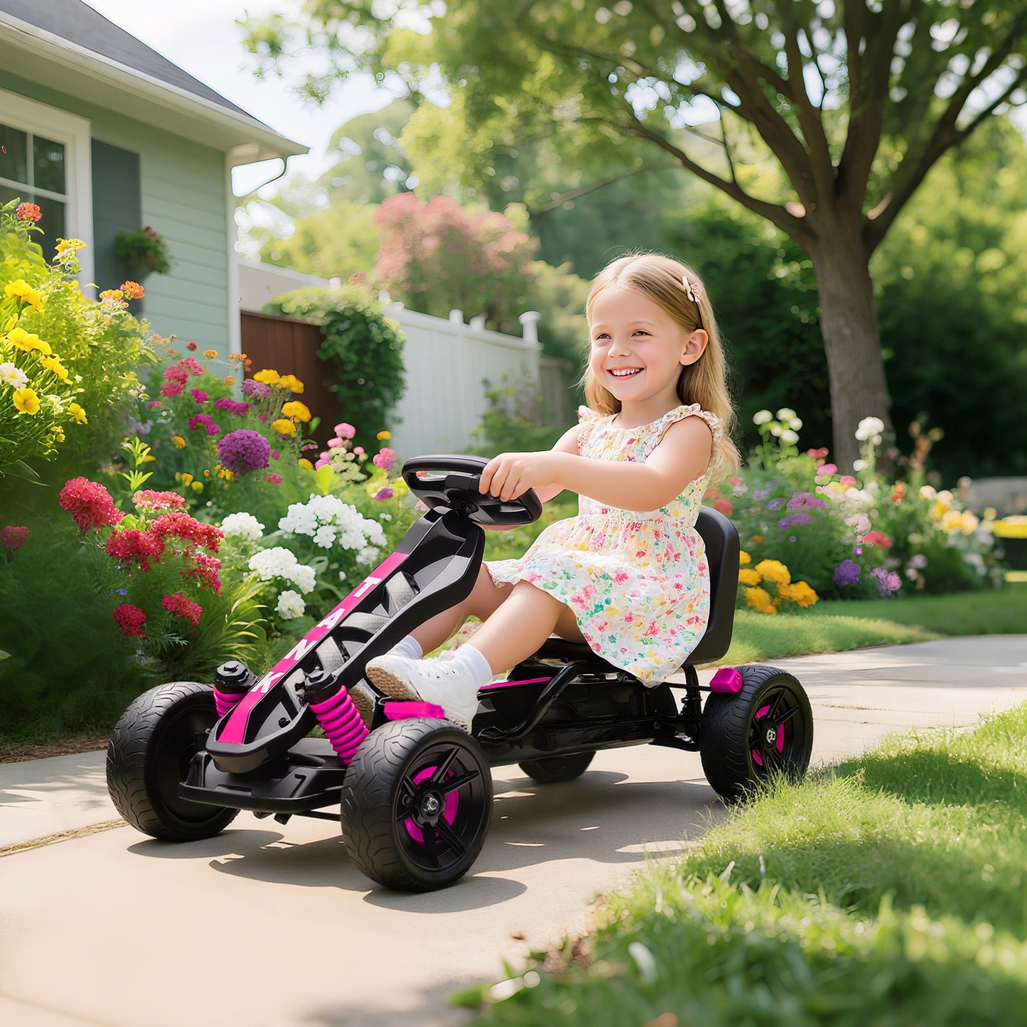 Pedal Go Kart for Kids Aged 3-6 Years, with Freewheel System, Brake, EVA Anti-Slip Wheels, Pink