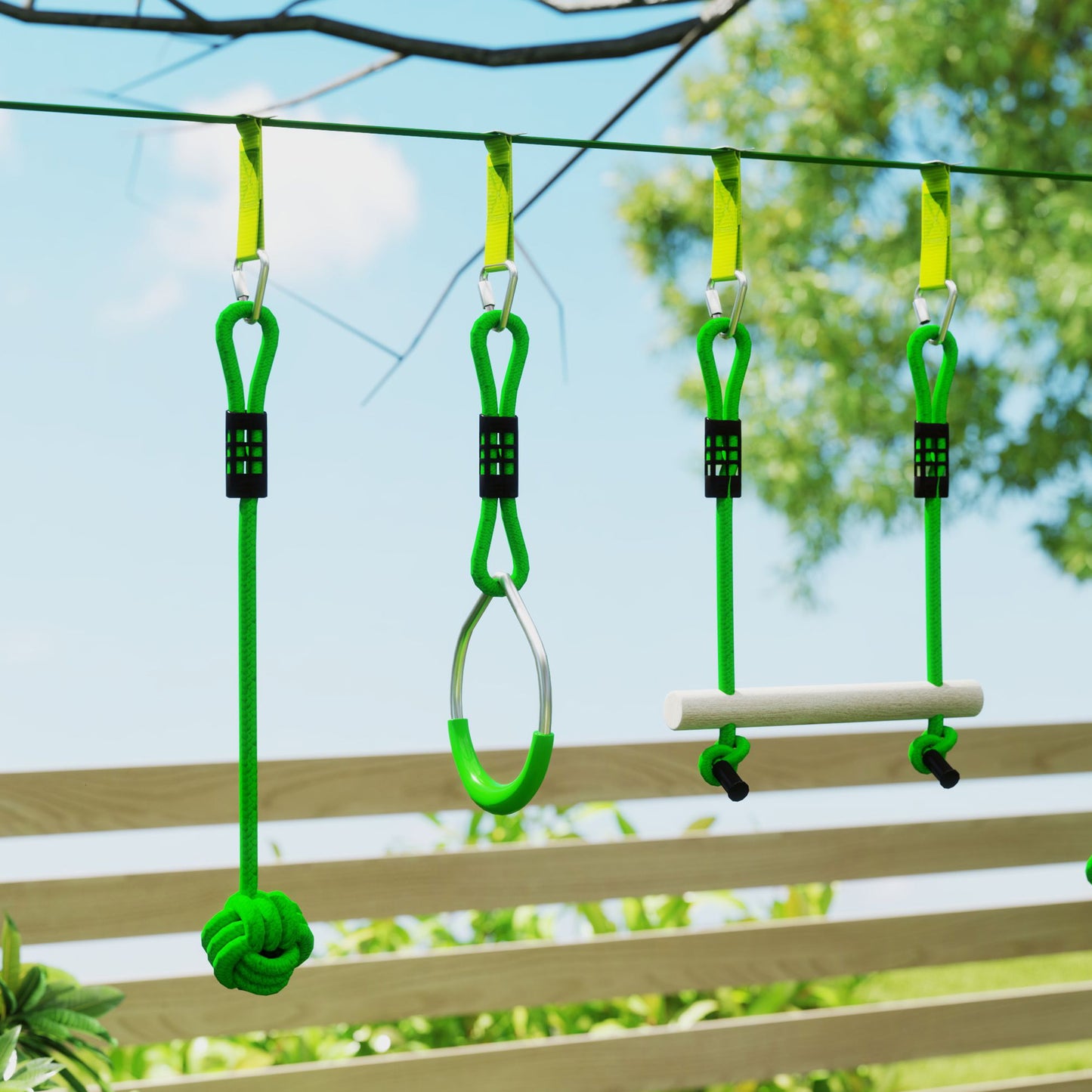 7-Piece Kids Zip Line Kit for Garden, 10m Kids Slackline Kit with Wooden Monkey Bars, Metal Rings, Gripping Balls, Green