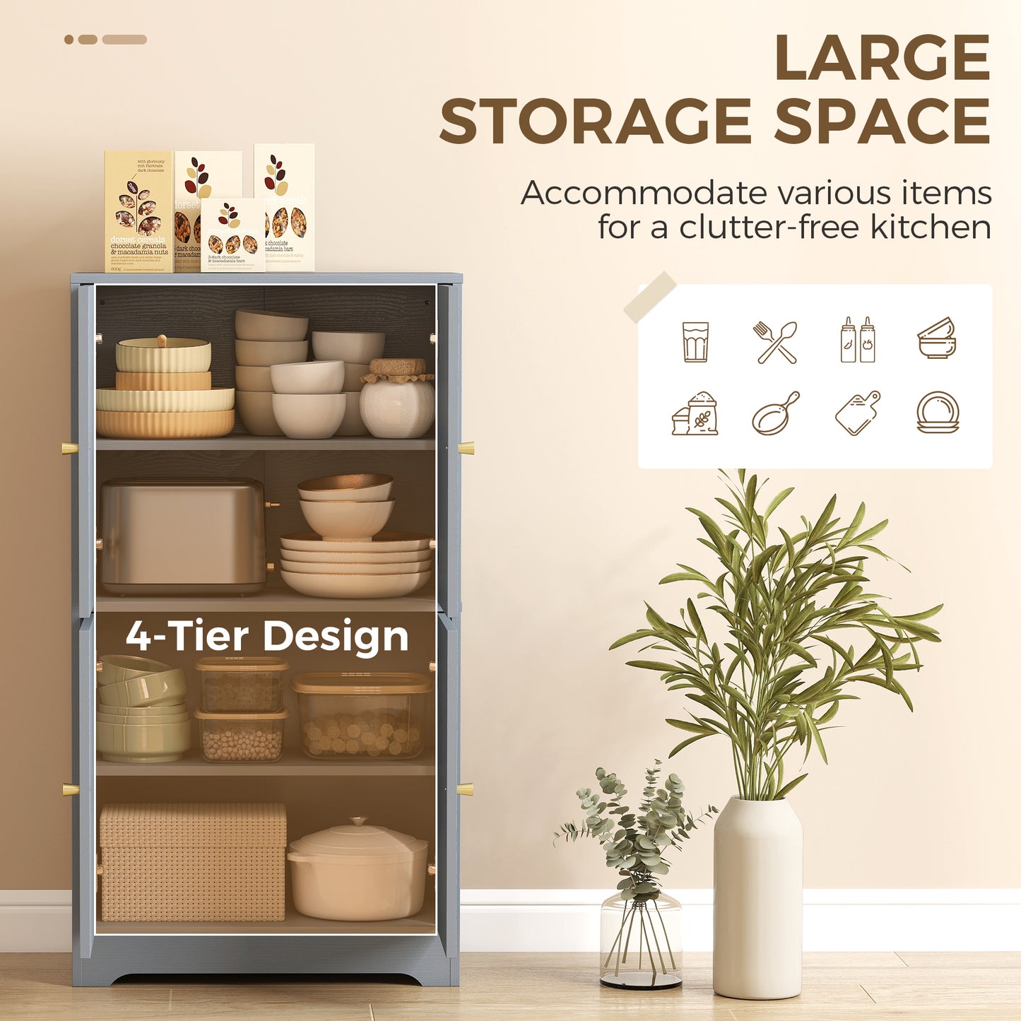 4-Door Kitchen Storage Cabinet with Adjustable Shelves - Grey