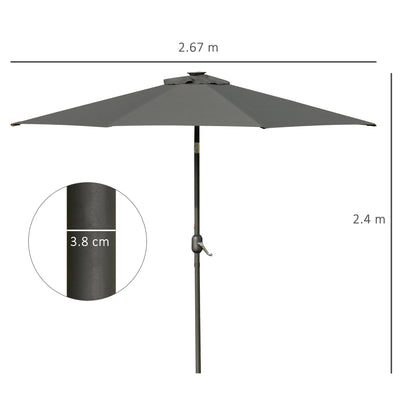 2.7m Patio Garden Umbrella Outdoor Parasol with Tilt Crank and 24 LEDs Lights (Grey)