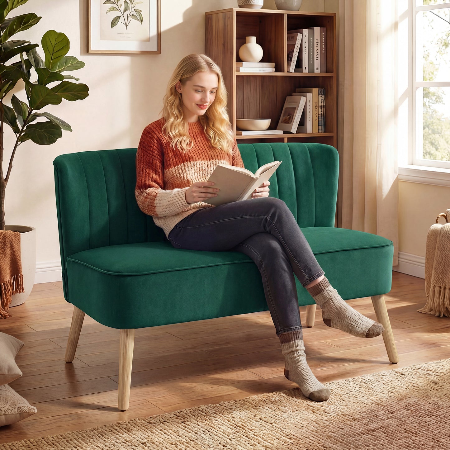 117cm Loveseat Sofa Upholstered Small 2 Seater Sofa with Thick Padded Seat and Rubber Wood Legs, Dark Green